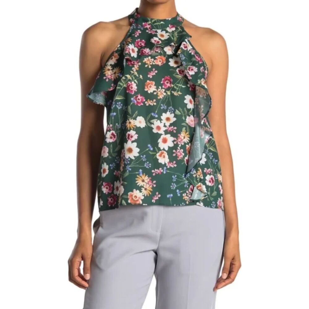 Parker Green Floral Draped Ruffle Halter Top. Green Multi. Large